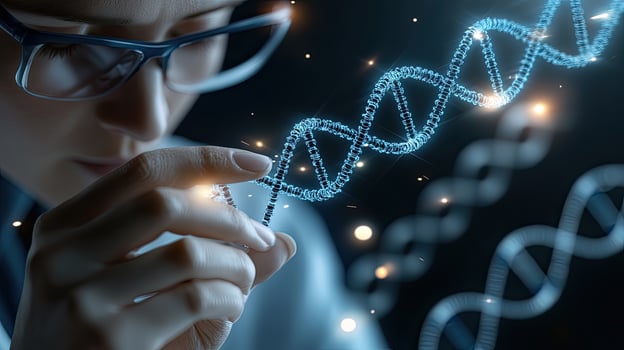 A woman in glasses is looking at a dna strand photo