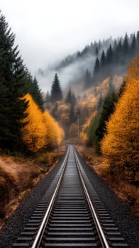 A train track in the middle of a forest with fog photo