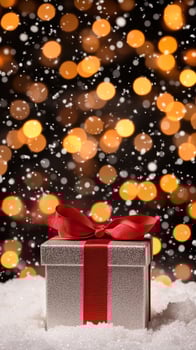 A gift box with red ribbon on snow background photo