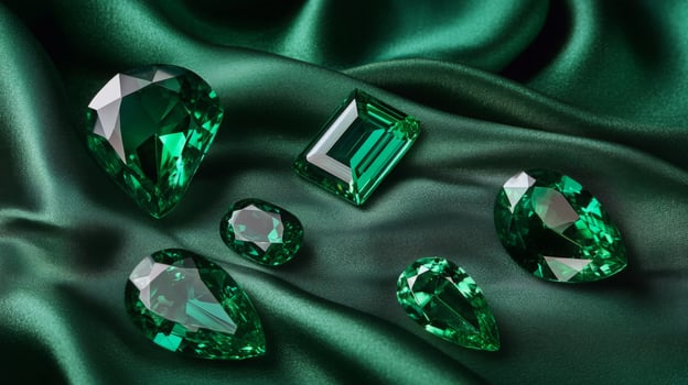 Multiple green gemstones are elegantly arranged on luxurious dark green fabric. photo