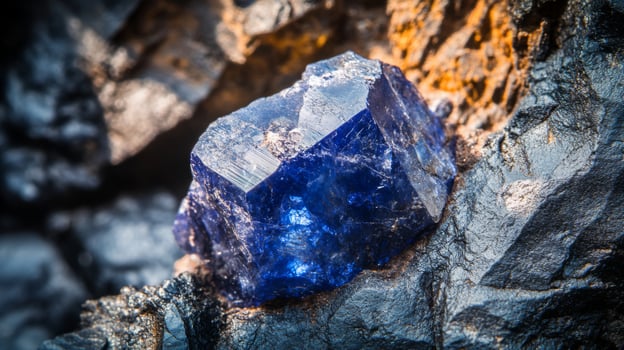 Deep blue gemstone nestled among dark, textured rocks, showcasing its brilliance as it catches light. The juxtaposition highlights nature's raw beauty and the allure of precious minerals. photo