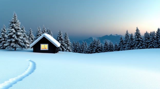 Winter landscape with a small cabin in the snow photo