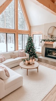 A living room with white couches and christmas trees photo