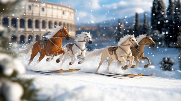 Three horses are running in the snow photo