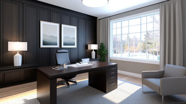 A home office with a desk and chair photo