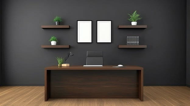 Modern office interior with wooden desk and shelves photo