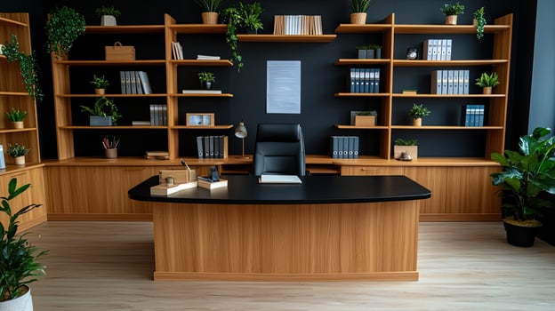 A home office with black walls and wooden floors photo