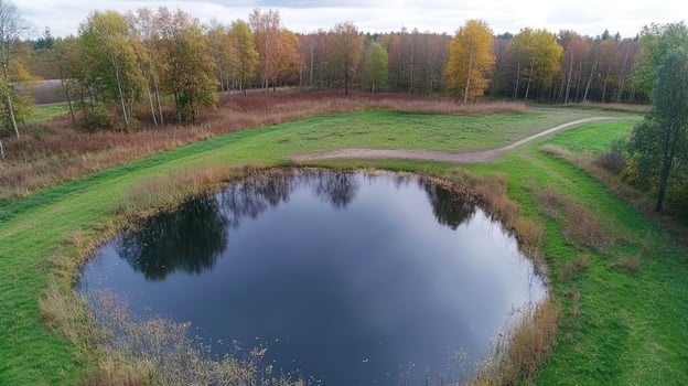 An aerial view of a pond in the middle of a field photo