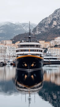 A large boat docked in a harbor with mountains in the background photo