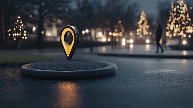 A map marker on a street at night photo