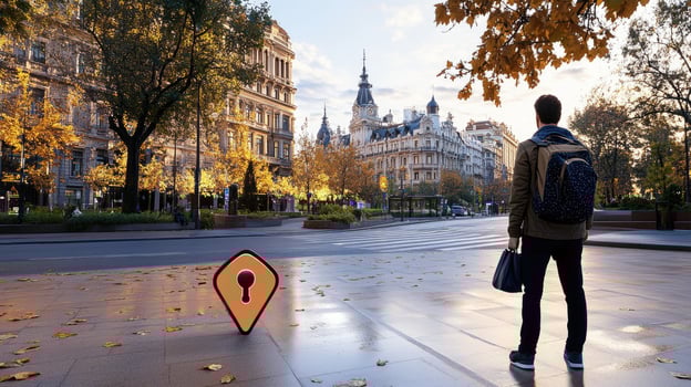 A man is standing on a street with a map photo