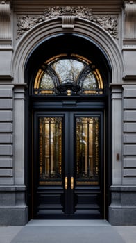 A black door with ornate details on the side photo