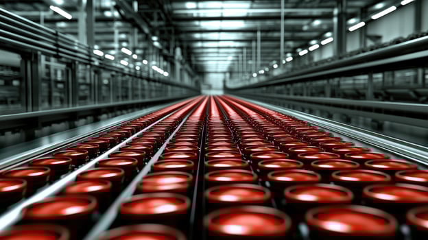 A long line of red bottles on a conveyor belt photo