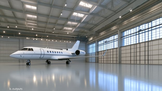 A private jet sitting in a large hangar photo