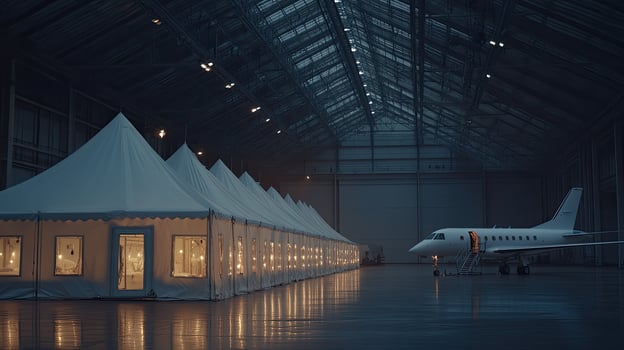 A large tent with a plane in the middle of it photo