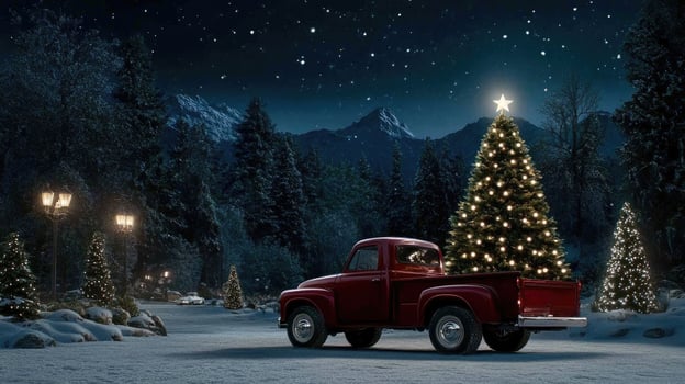 A red truck with a christmas tree in the middle of a snowy road photo