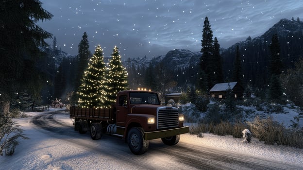 A truck with christmas trees on the side of the road photo