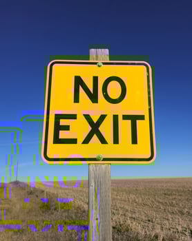 A square, yellow, no exit sign, on a post against a blue sky. photo