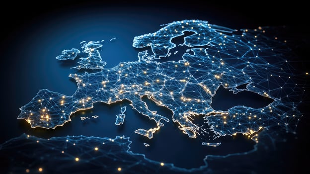 European union map with network lines and lights on dark background photo