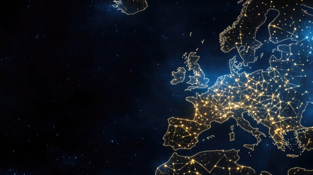 European union map with network lights and stars in space photo