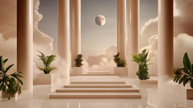 A room with pillars and plants in it photo