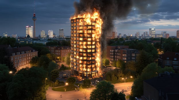 A burning building in the middle of a city photo