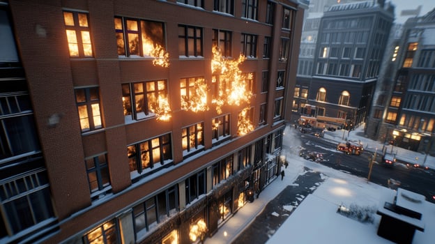 A building with fire coming out of the windows photo