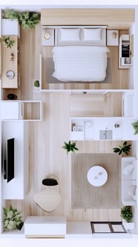 A small apartment with a bed, desk and a living room photo