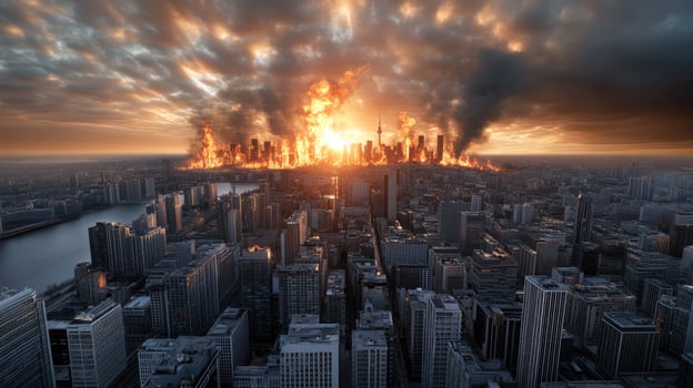 The sun is rising over a city with smoke coming out of it photo