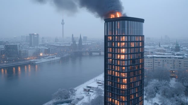A tall building with smoke coming out of it photo