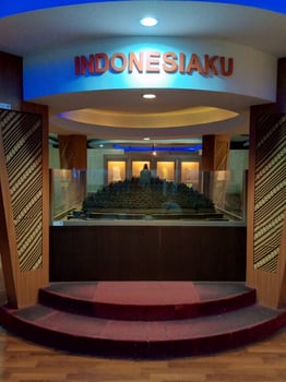Yogyakarta - Indonesia, July 30, 2024. A museum display features a miniature of Borobudur temple, surrounded by Indonesian cultural artifacts and the phrase IndonesiaKu photo
