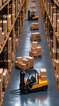 A forklift truck is driving through a warehouse photo