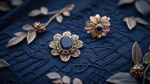 Golden brooches and earrings on a dark blue background photo