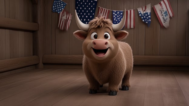 A cartoon cow is standing in front of a flag photo