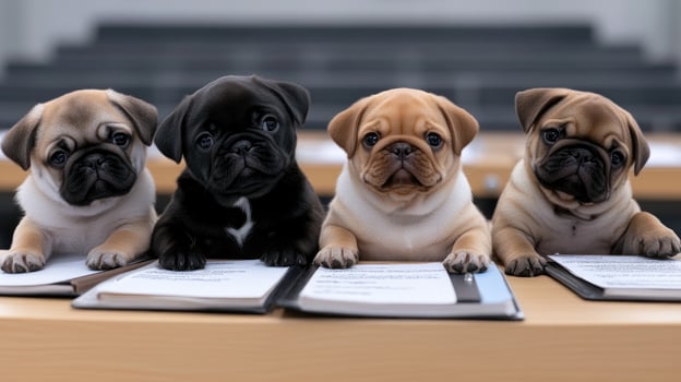 Four pug puppies sitting on top of a desk photo