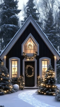 A black cottage with christmas lights and trees photo