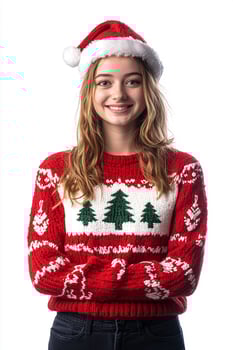 A girl wearing a christmas sweater and hat photo