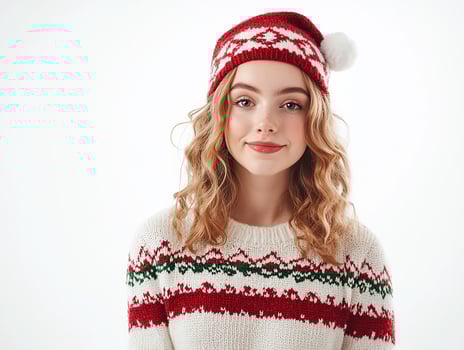 A beautiful young woman in a christmas sweater and hat photo