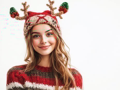 A beautiful young woman wearing a reindeer hat photo