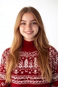 A girl in a red sweater smiling photo