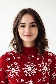 A woman wearing a red sweater with snowflakes on it photo