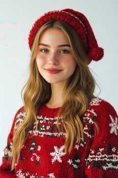 A beautiful young woman wearing a red sweater and hat photo