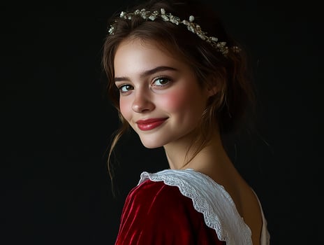 A beautiful young woman in a red dress and white tia photo