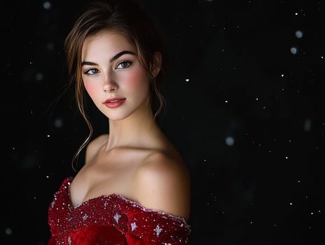A beautiful woman in a red dress posing for the camera photo