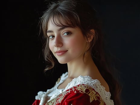 A young woman in a red dress and white lace photo