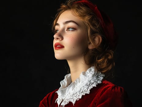 A woman in a red dress and a red hat photo
