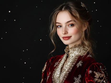 Beautiful woman in red velvet dress with stars photo