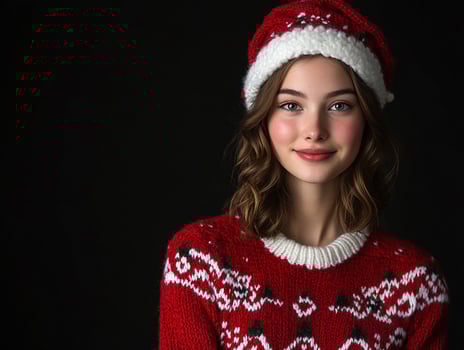 A beautiful young woman wearing a christmas sweater and hat photo