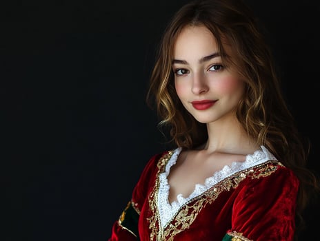 Beautiful young woman in red dress with gold trim photo