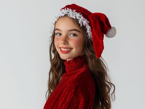 A young girl in a red dress and santa hat photo